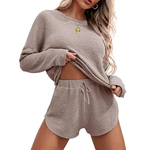 Fashion Soft Waffle Knit Long Sleeve Wholesale Clothing Top and Shorts with Pockets Two Piece Set Women's Clothing Set