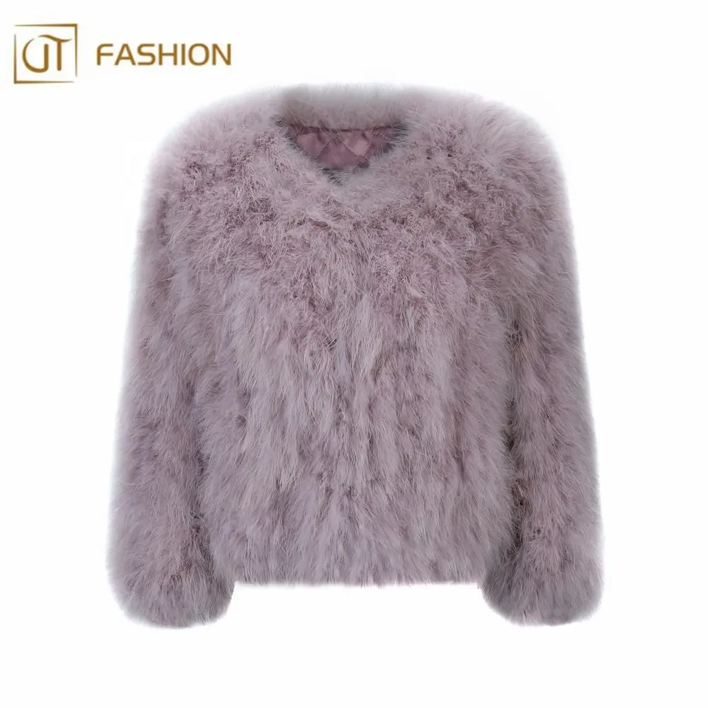 Hot Selling Jtfur Women O-Neck Pink Real Fur Jacket Ladies Casual Warm Genuine Ostrich Turkey Fur Coat