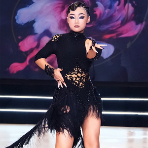 Costume de danse latine Vennystyle en polyester <span class=keywords><strong>noir</strong></span> pour femmes, manches courtes, découpes, plumes, franges, jupes <span class=keywords><strong>tutu</strong></span>, performance, compétition - Product Image 1