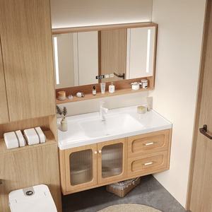 Modern <b>oak</b> painted ceramic integrated basin bathroom cabinet washbasin smart mirror cabinet - Product Image 2
