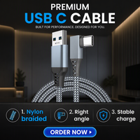 Câble de transfert de données USB vers Type-C à angle droit en alliage d'aluminium TPE tressé 2026, charge rapide 5 Gbit/s, 3 m, pour téléphone portable