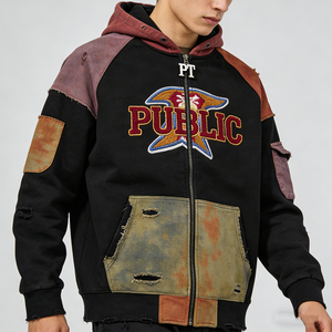 Fabricante ODM Personalizado, Sudadera con Capucha Unisex, Estilo Vintage, con Bloques de Color, Bordado Chenille, Tie Dye, Cierre de Cremallera, Diseño Desgastado - Product Image 3