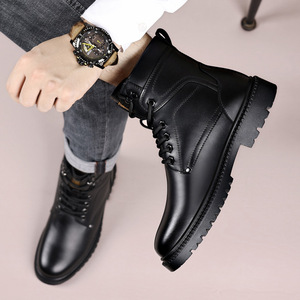 Bottes d'hiver en cuir véritable pour hommes, bottes de neige à bout rond, doublure en fourrure, semelle extérieure en caoutchouc antidérapante, semelle intermédiaire en EVA, chaudes - Product Image 3