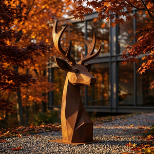 Grande sculpture d'animal en acier corten en forme <span class=keywords><strong>de</strong></span> <span class=keywords><strong>tête</strong></span> <span class=keywords><strong>de</strong></span> cerf, avec base large en acier résistante au vent, pour jardin <span class=keywords><strong>de</strong></span> complexe hôtelier cinq étoiles - Product Image 3