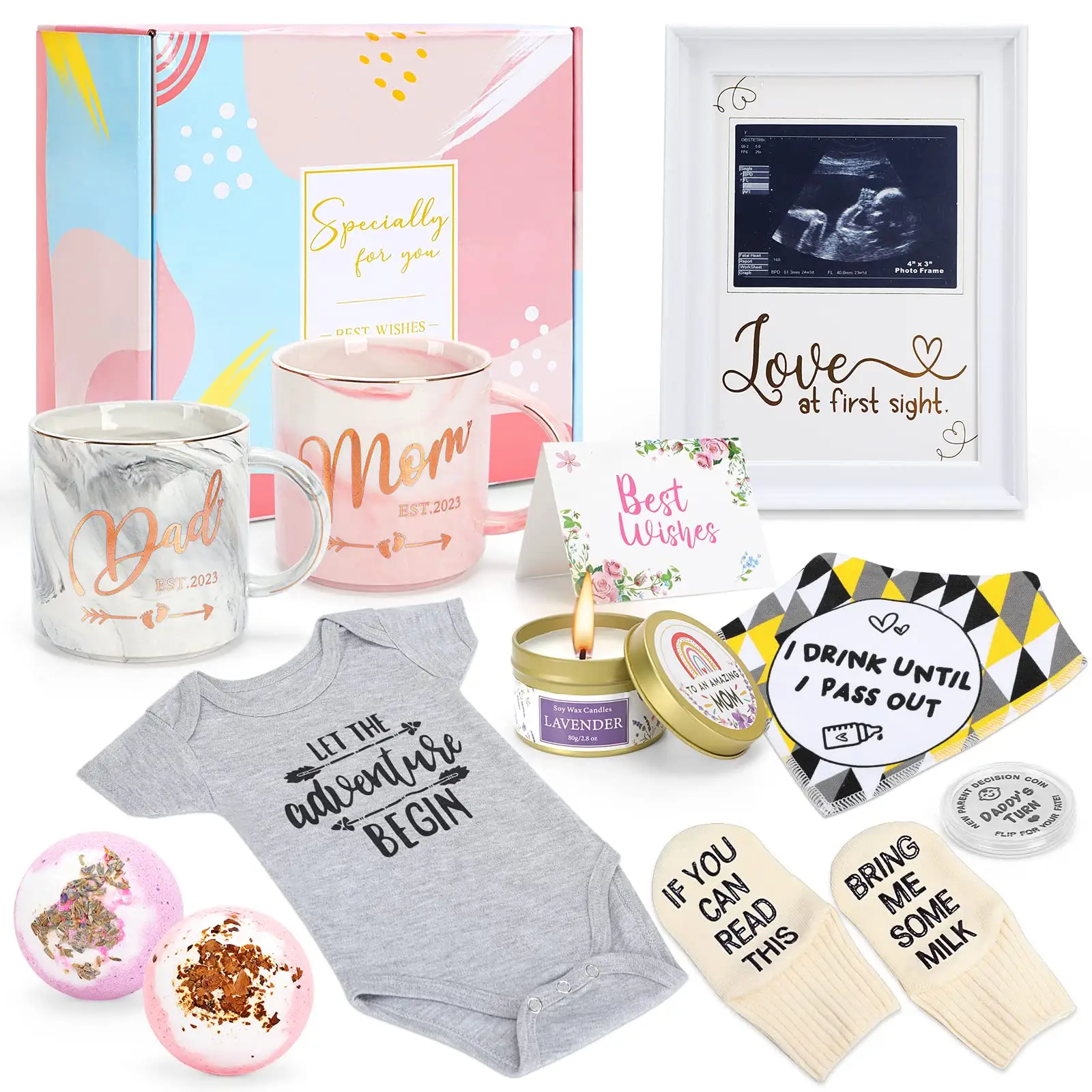 Pregnancy Gifts for New Parents Est 2023,First Time New Mom Gifts for Pregnancy Announcement,Baby Gifts Basket - Mom & Dad Mugs