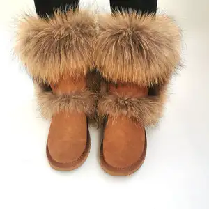 Racoon-Botas cálidas de piel para mujer, zapatos de invierno con pelo de zorro y mapache Real, para nieve, 2020