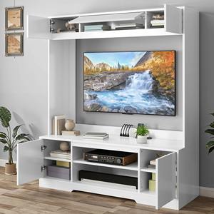 Meuble TV mural moderne en bois blanc de grande taille avec rangement pour salon - Product Image 2