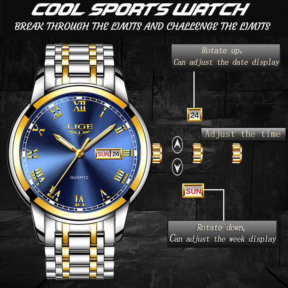 LIGE — montre-bracelet de luxe en acier inoxydable pour homme, étanche, en acier inoxydable, à Quartz, avec Date et heure, horloge