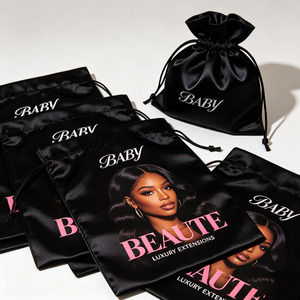 Custom Logo Luxury Black Satin Hair <b>Bag</b> Silk Drawstring Packaging Pouch For Wigs Hair Bundles Salon Supplies - Product Image 2