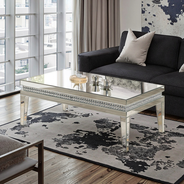 Hot Selling Mirrored  Rectangular Crushed Sparkly Coffee Table Silver Glass Center Table Accent Living Room Tea Table
