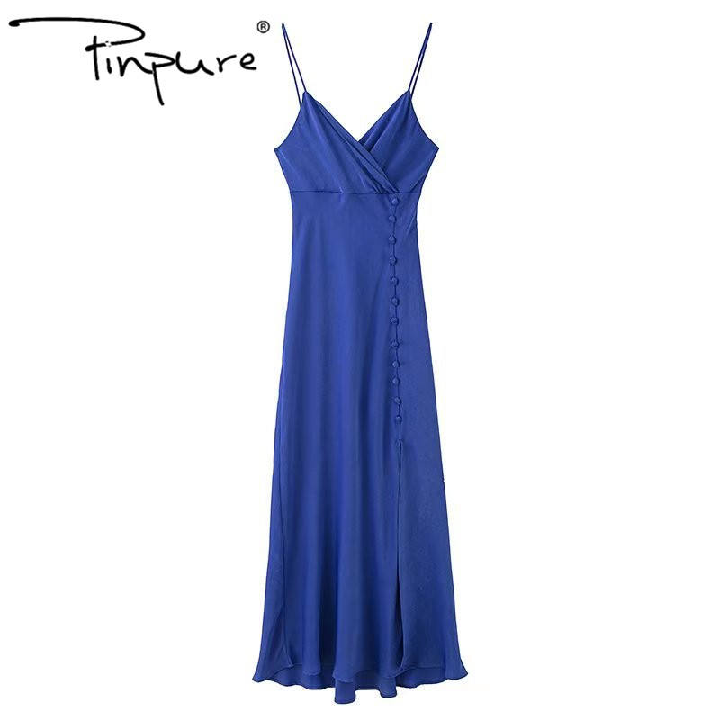 Vestido de satén de seda de color puro, botones frontales, sin