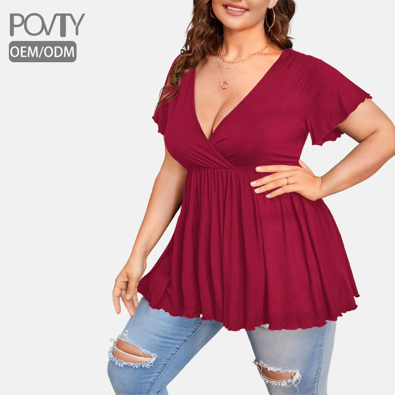 POVTY Custom Printed Women's Plus Size Deep V Neck Ruffle Hem Short Sleeve Pleated Flared Peplum Loose Spandex T-Shirts Tops