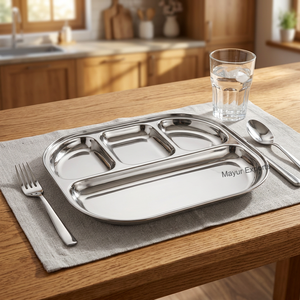 Plateau à compartiments ovale classique en acier inoxydable écologique avec 4 sections pour les hôtels, plateau à lunch, plateau alimentaire, Mayur Exports - Product Image 3