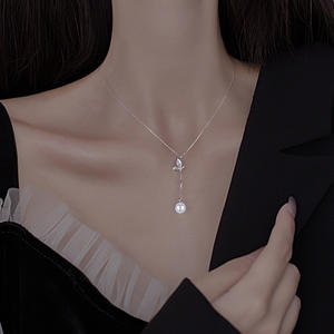 Collier tendance en argent sterling 999 avec perles et nacre, motif libellule, papillon, croix ou chaîne de pull pour femme, électroplaqué - Product Image 2