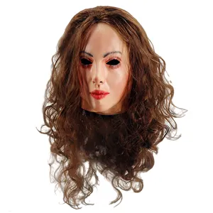 Maschera in lattice realistica donna donna faccia maschera in lattice di Halloween con parrucca Lady biking Sissy