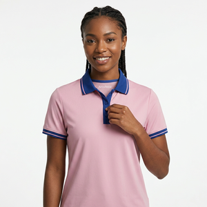 Polo Rosa para Mujer, 100% Algodón, con Ribete Azul, Casual, Manga Corta, Color Sólido, Tejido Oxford Transpirable - Product Image 1