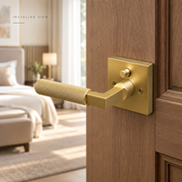 Ensemble de poignée de porte intérieure moderne avec bouton rotatif à verrouillage, finition or brossé, rosette carrée et poignée moletée, pour chambre et salle de bain