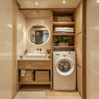 Ensemble de meuble-lavabo de salle de bain en bois massif mural personnalisé BALOM avec miroir LED et rangement multi-niveaux, design imperméable