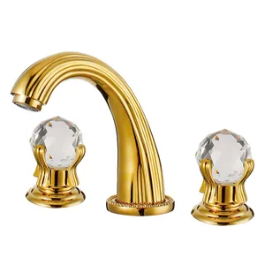 Estilo clássico Ouro 3 Buraco Wash Toque Mixer Bacia Do Banheiro Torneiras Bacia Torneiras com Alças De Cristal MLFALLS