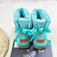 Sepatu Bot Salju Musim Dingin Wanita dengan Tali, Kulit Sapi, Lapisan Bulu, Tali Pita, Hangat, Model Ankle, Kasual