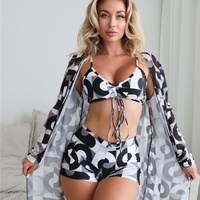 Set Baju Renang Wanita Tiga Potong, Bikini, Celana Boxer, dan Cover-Up, Bahan Spandex/Polyester, Pelindung dari Sinar Matahari, Modis untuk Pantai