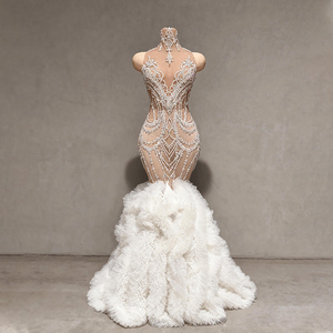 Abito da sera di lusso a sirena con strass di cristallo bianco, collo alto, in rete trasparente traspirante, lunghezza al pavimento, stampa floreale, per feste - Product Image 3