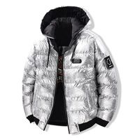 Veste d'hiver pour homme en polyester brillant, style sportif, épaisse, chaude, ample, réversible, avec capuche amovible, fermeture éclair, enduite