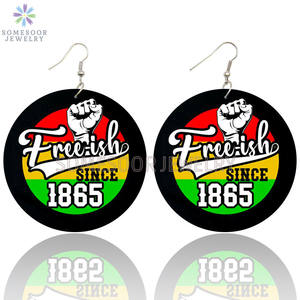 Pendientes de madera con estampado de doble cara, joyería inspiradora de la historia de la liberación de esclavo negro, estilo africano redondo - Product Image 6
