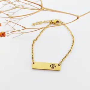 Stainless Steel Link Chain Bar Pendant Dog Cat Paw Print Pet Cute Charm 18K Gold Plated Bracelet for Baby Jewelry