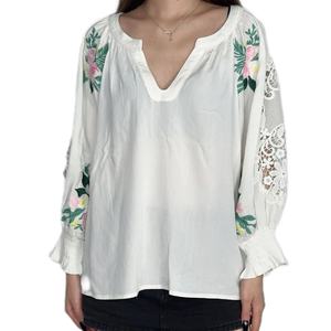 Chemisier ample brodé à manches longues en coton et lin blanc pour femme – Collection été OEM - Product Image 1