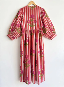 Vestido Midi Bohemio de Algodón con Rayas Rosas y Estampado Floral, con Estampado a Mano, para Mujer, Ropa Informal de Resort y Estilo Veraniego - Product Image 3
