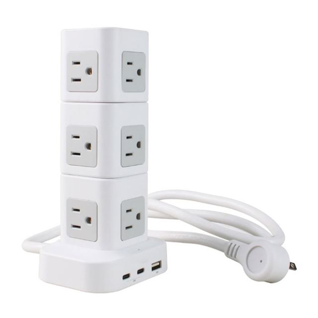 Stackable Tower Surge Protector Power Strip 1.5m Extension Cord 12 AC Outlets 6 USB Ports IP67 10A Desktop Charging Station