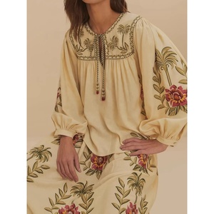 Women's Vintage Retro Floral Embroidery Slim Elegant Breathable <b>Linen</b>/Cotton Long Sleeve Top & Long Skirt 2-Piece <b>Set</b> - Product Image 1