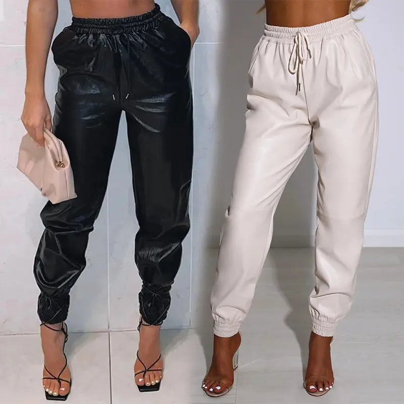 Hot Sale Solid Color Elastic Waist Casual Trousers Women Clothing Fashion High Waist Black Pu Leather Harem Pants for Ladies