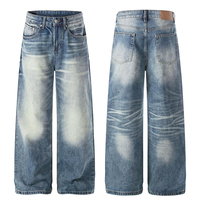 Amerikanische neutrale, lasergewaschene blaue Retro-Jeans mit handgefertigtem Katzenbart-Design für Herren, gerade geschnitten, Streetwear, locker sitzend
