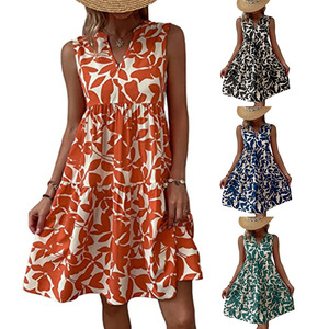 Vestido sin mangas con cuello en V para <span class=keywords><strong>mujer</strong></span>, moda bohemia, holgado, con estampado floral, vestido corto informal bohemio - Product Image 1