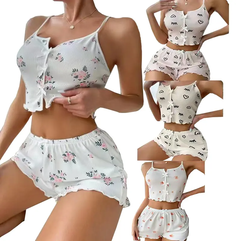 Summer Heart Shaped Eyelash Printed Trim Pajama Set Trimmed V-Neck Suspender Top Ribbed Women'S Shorts Pajamas Set