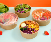 Ebelee Vente en gros Conteneur jetable en carton kraft brun personnalisé de 500ml pour salade en papier à emporter Bol en papier de qualité alimentaire avec couvercles