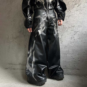 Giacca a vento aderente Casual alla moda nera con pantaloni <span class=keywords><strong>Cargo</strong></span> in pelle sintetica pantaloni Unisex in cera d'olio pantaloni <span class=keywords><strong>larghi</strong></span> da uomo - Product Image 1
