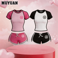 Ensemble deux pièces style Y2K pour femmes, élégant, de haute qualité, couleur unie, manches raglan, haut court slim, ensemble short, été, logo personnalisé