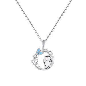 Collier de mariage tendance en argent sterling S925 plaqué platine avec zircon, pendentif chat et papillon sous la lune, design original - Product Image 5