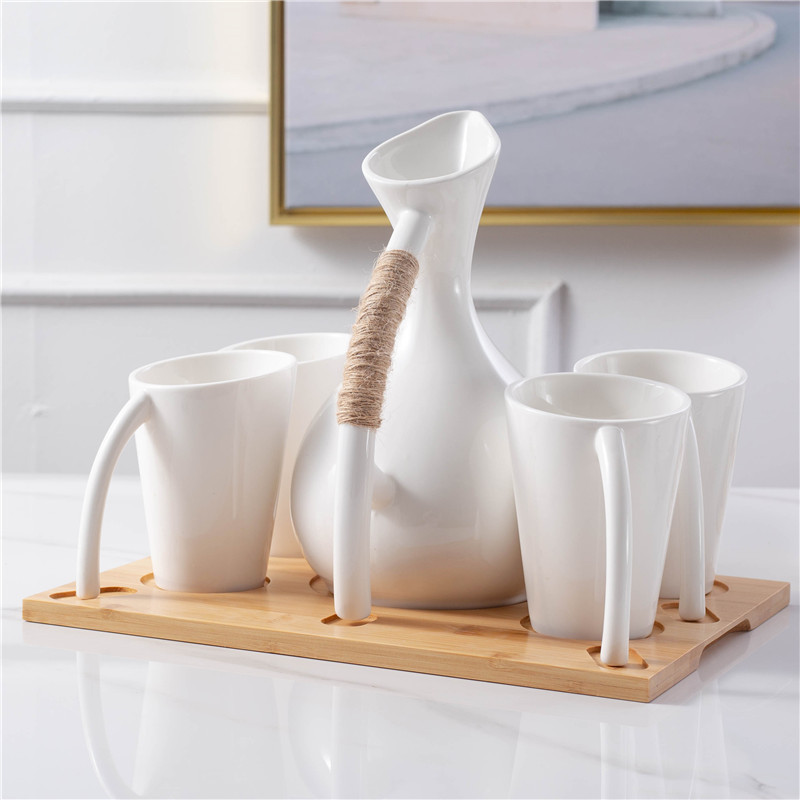 Minimalist White Modern ceramic tea set with bamboo tray and matching cups