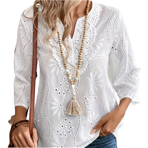 เสื้อผ้าแฟชั่นลำลองสำหรับผู้หญิงสไตล์ยุโรปอเมริกา ฤดูร้อน ทรงหลวม คอวี ดีไซน์เรียบหรู ปักลายดอกไม้ แขนทรงแตร - Product Image 1