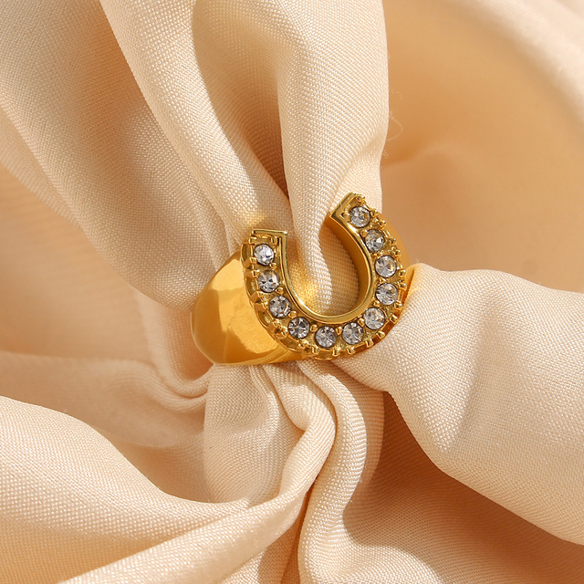 Dreamshow Shining Zircon U Shaped Horseshoe Ring Gold Plated Stainless Steel Ring Jewelry AAA Zircon Jewelry