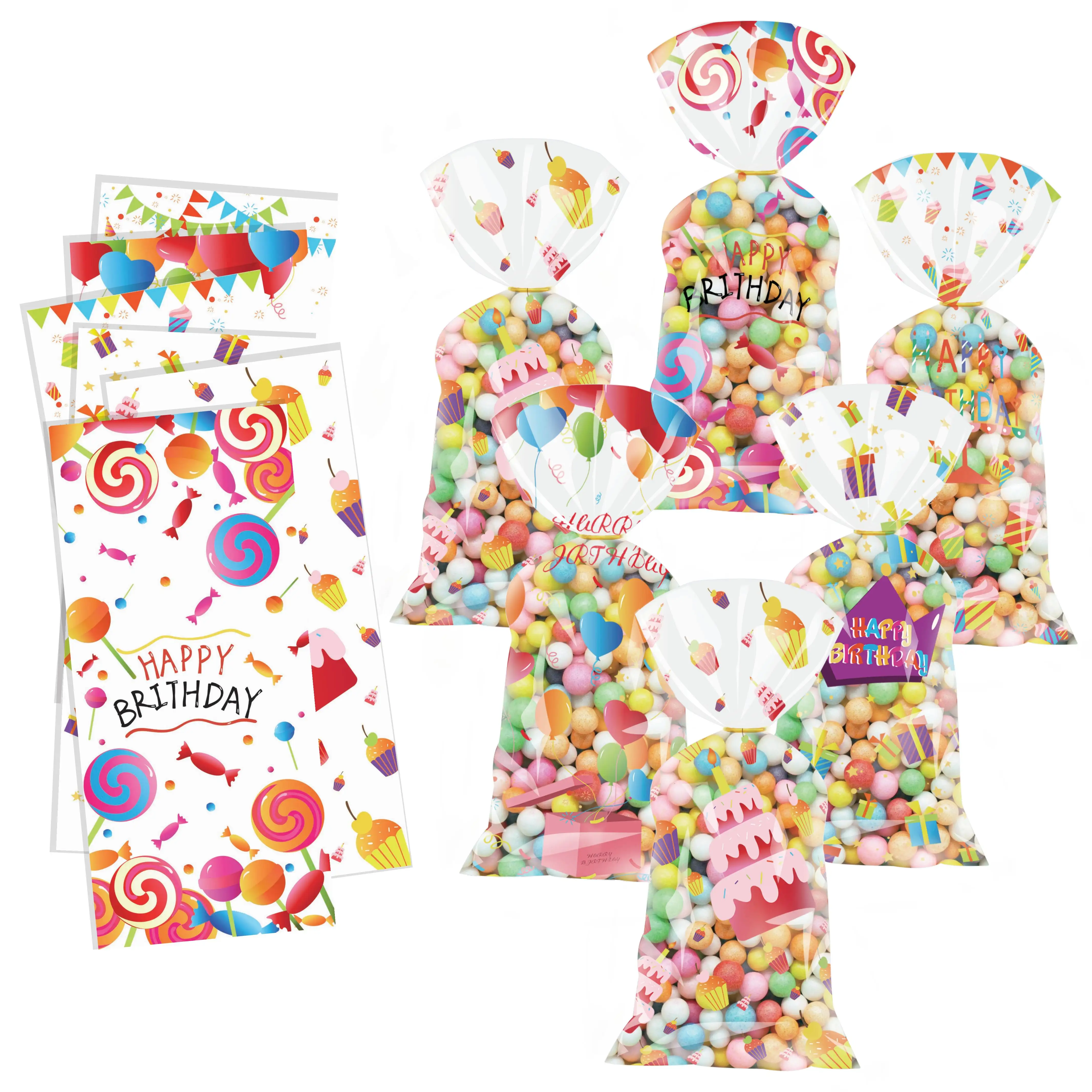 Xindeli Sl001 Candyland Gelukkige Verjaardag Cellofaan Traktatie Zakjes Plastic Doorzichtige Cadeau Snoepzakjes Met Twist Stropdassen Voor Feestartikelen