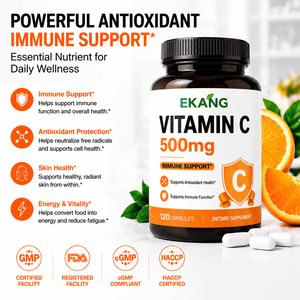 Capsules de Vitamine C 500mg Fabriquées aux États-Unis, Soutien Immunitaire, Antioxydant, Santé de la Peau, Énergie et Vitalité, 120 Capsules - Product Image 1