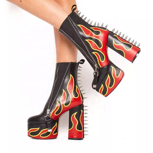 Rivets Patchwork <b>Round</b> <b>Toe</b> Women Platform Short Boots Side Zipper Ankle Booties High Chunky <b>Heels</b> Shoes Customized - Product Image 4