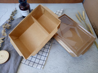 Emballage Jetable En Gros, Plateau Imperméable À 2 Compartiments Pour Restauration Rapide, Boîte Alimentaire Kraft Pour Salade Avec Couvercle PET