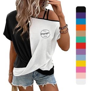Femmes à bretelles coton hors épaule haut asymétrique Colorblock torsadé ourlet coupe ample été imprimer en gros vente chaude sans col - Product Image 1