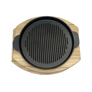 Mini sartén de hierro fundido ecológica de alta calidad, dos asas laterales, antiadherente, diseño moderno, parrilla coreana para barbacoa, bandeja de madera - Product Image 1